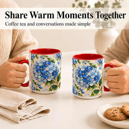#pl[15oz|Red] Jeweled Blue Hydrangea Coffee Mug, Floral Art Mug, Ceramic Cup