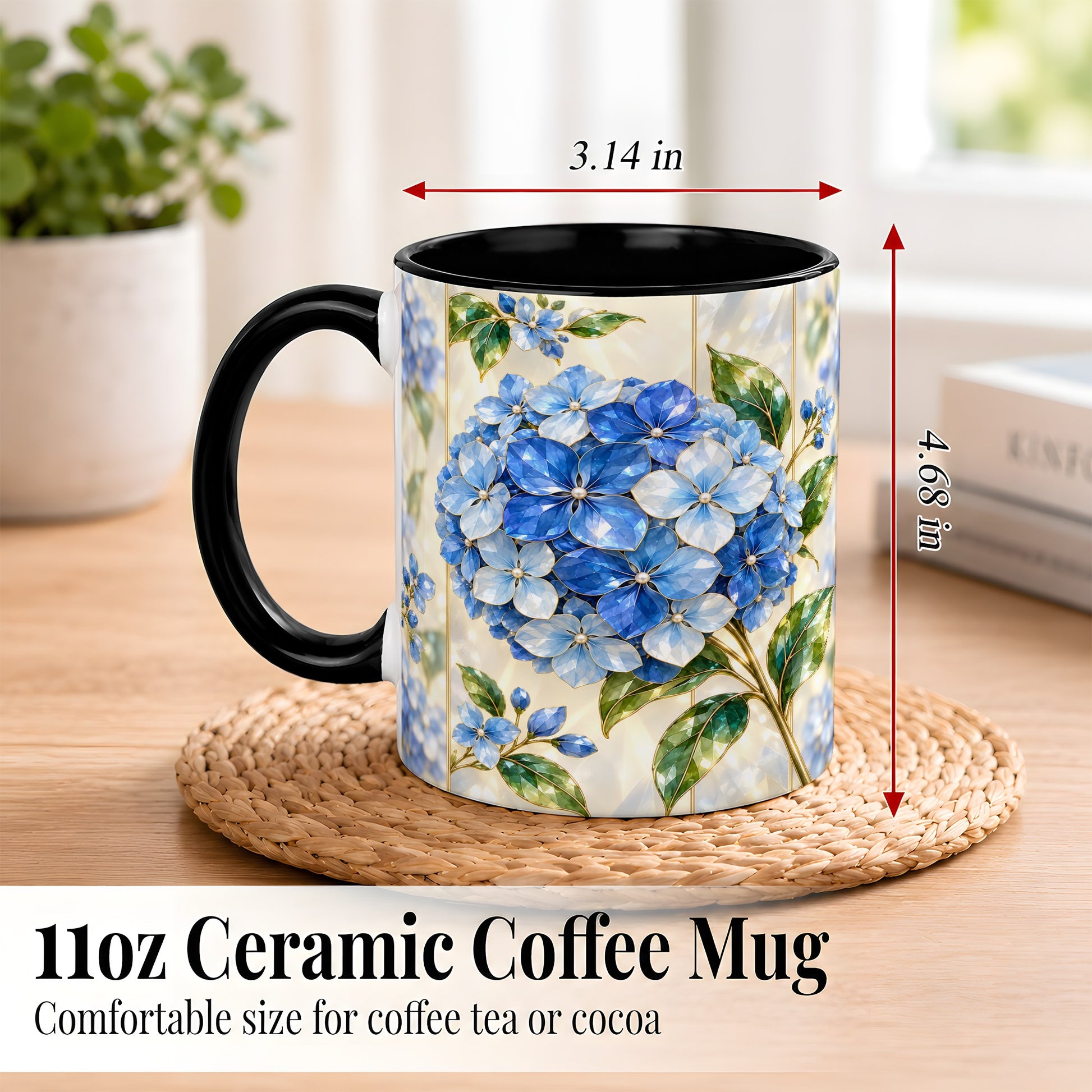 #pl[11oz|Black] Faceted Blue Hydrangea Coffee Mug, Floral Art Mug, Ceramic Cup