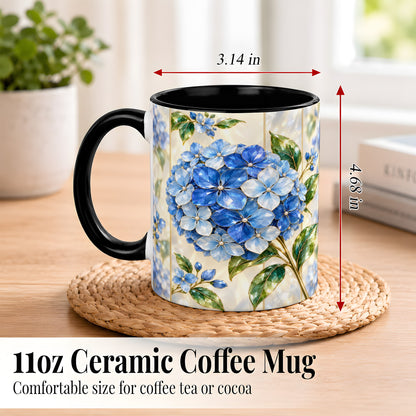 #pl[11oz|Black] Faceted Blue Hydrangea Coffee Mug, Floral Art Mug, Ceramic Cup