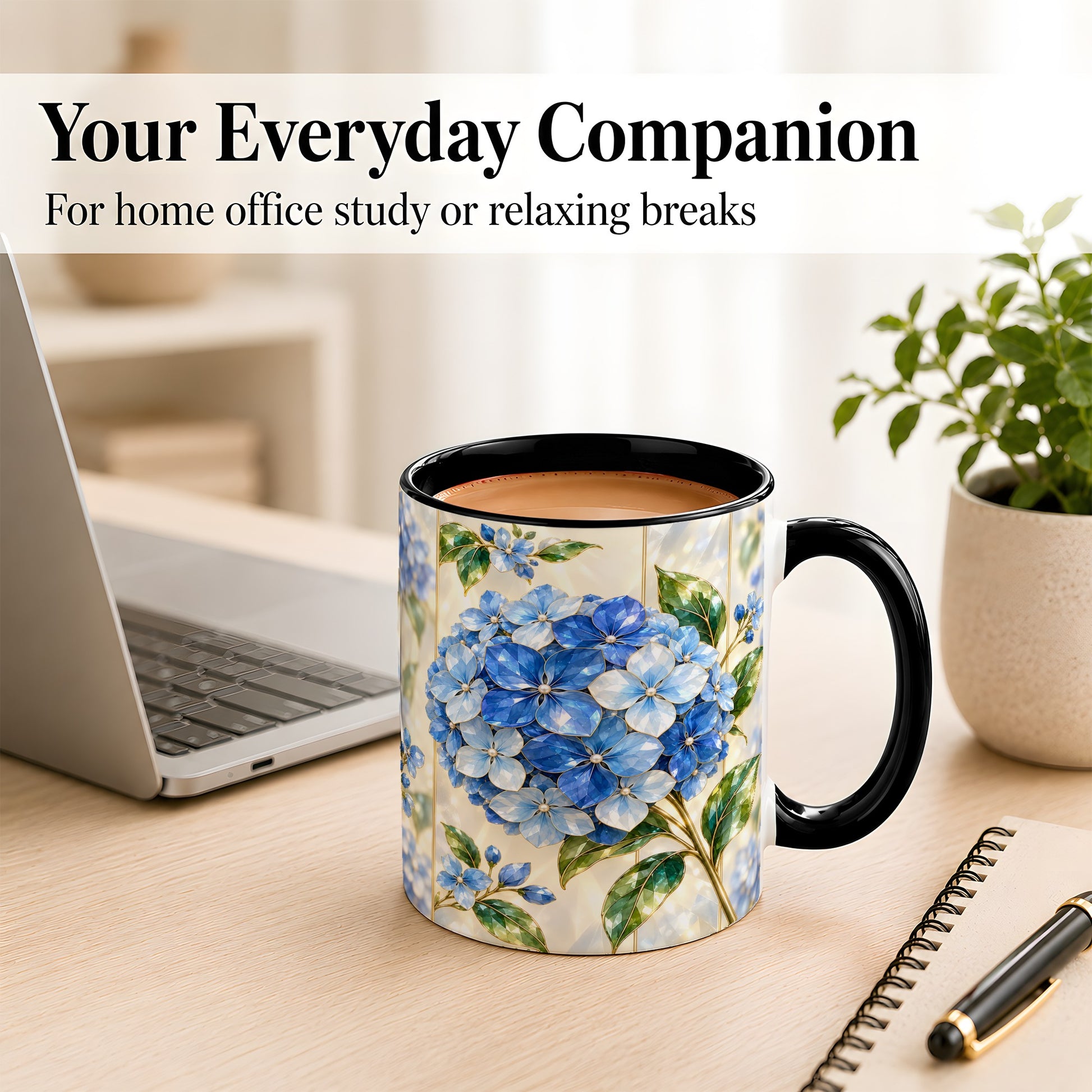 #pl[11oz|Black] Faceted Blue Hydrangea Coffee Mug, Floral Art Mug, Ceramic Cup