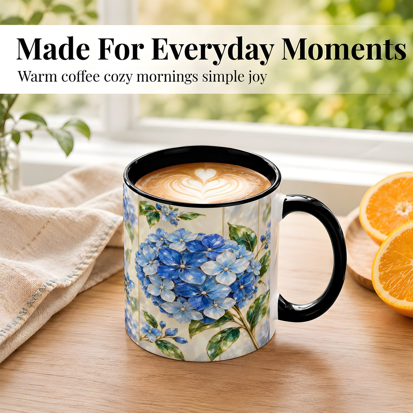 #pl[11oz|Black] Faceted Blue Hydrangea Coffee Mug, Floral Art Mug, Ceramic Cup