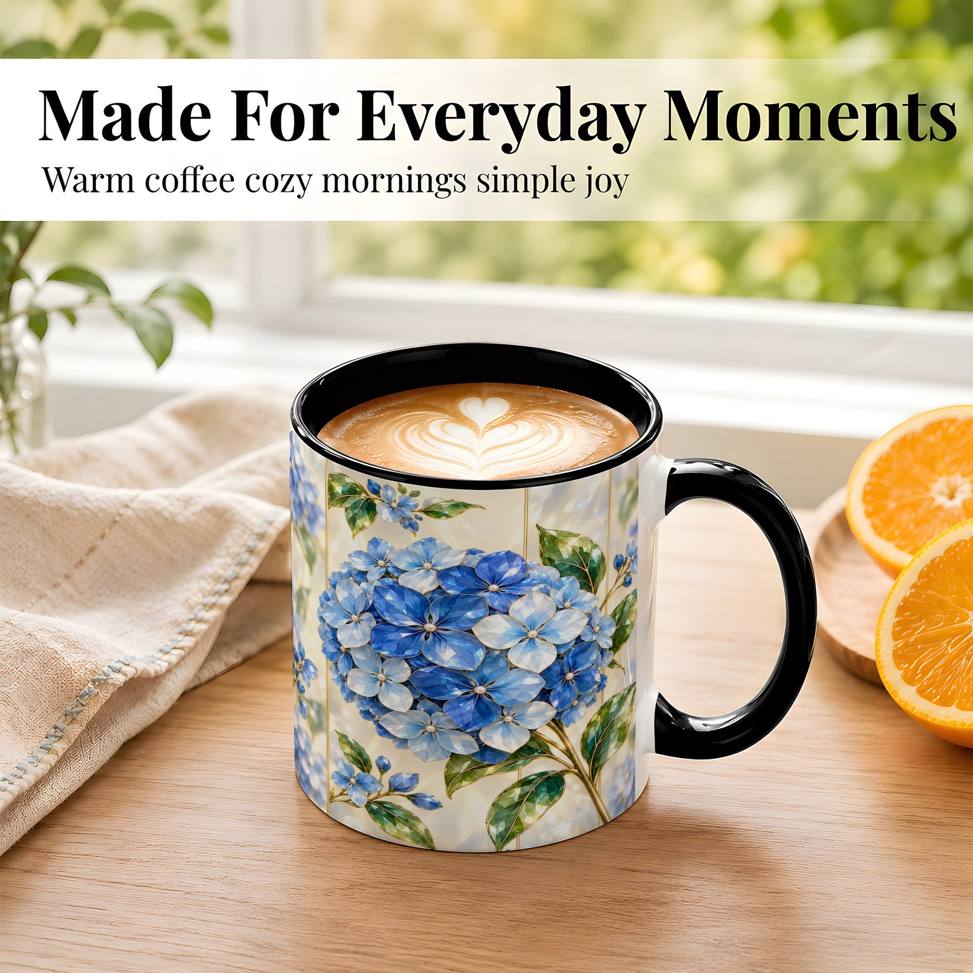 #pl[11oz|Black] Faceted Blue Hydrangea Coffee Mug, Floral Art Mug, Ceramic Cup
