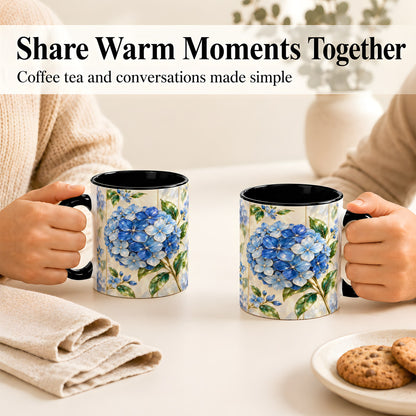 #pl[11oz|Black] Faceted Blue Hydrangea Coffee Mug, Floral Art Mug, Ceramic Cup
