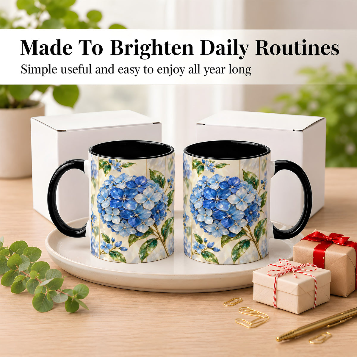 #pl[11oz|Black] Faceted Blue Hydrangea Coffee Mug, Floral Art Mug, Ceramic Cup