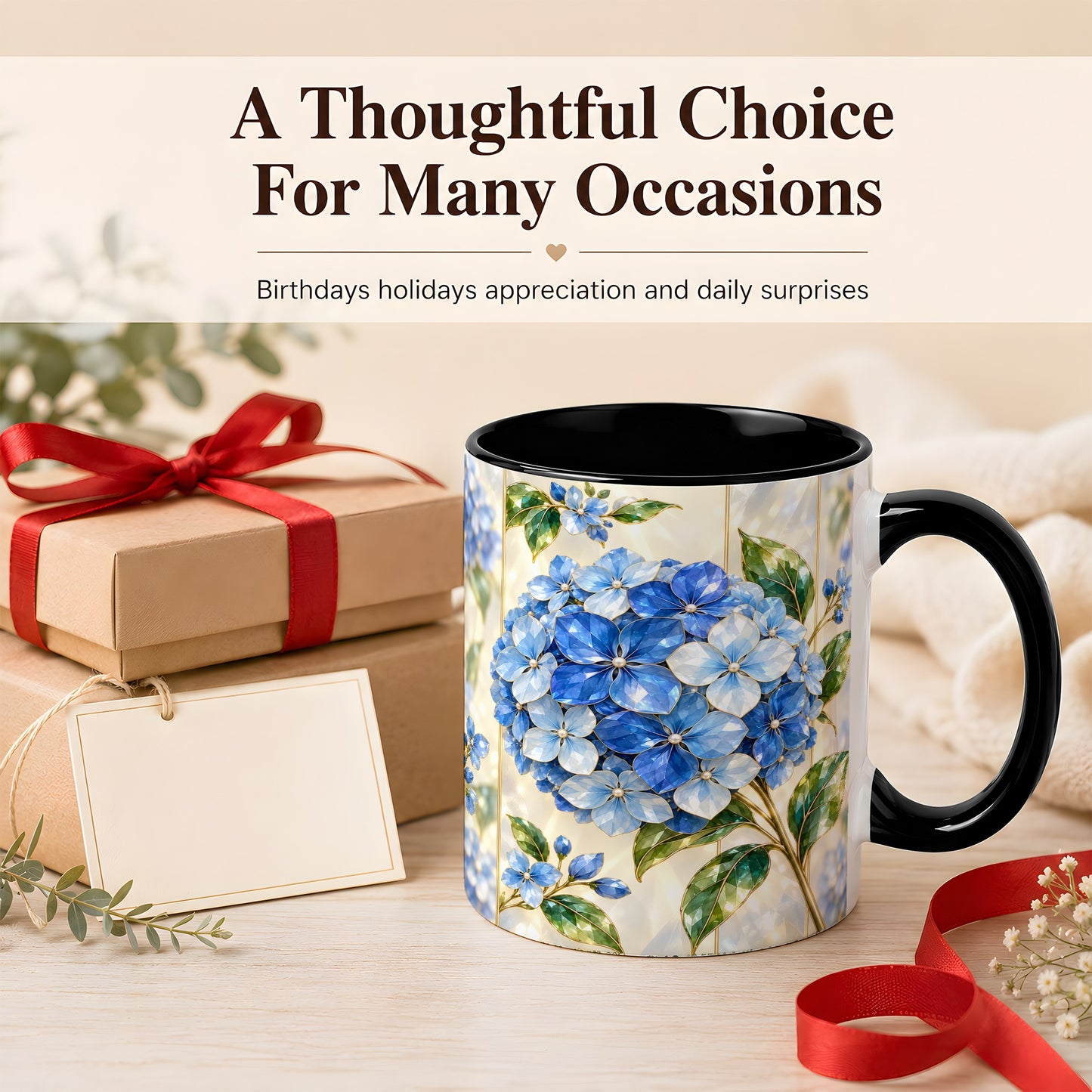 #pl[11oz|Black] Faceted Blue Hydrangea Coffee Mug, Floral Art Mug, Ceramic Cup
