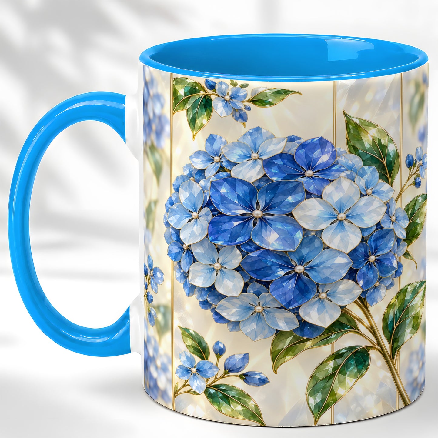 #pl[11oz|Blue] Faceted Blue Hydrangea Coffee Mug, Floral Art Mug, Ceramic Cup