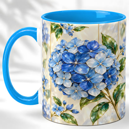 #pl[11oz|Blue] Faceted Blue Hydrangea Coffee Mug, Floral Art Mug, Ceramic Cup