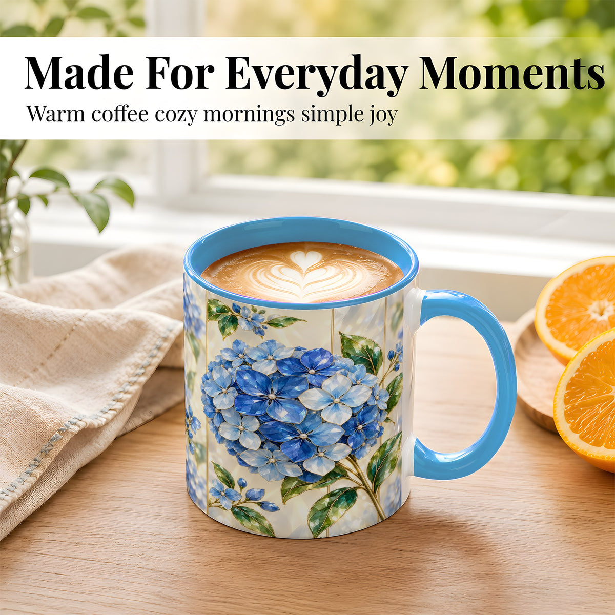 #pl[11oz|Blue] Faceted Blue Hydrangea Coffee Mug, Floral Art Mug, Ceramic Cup