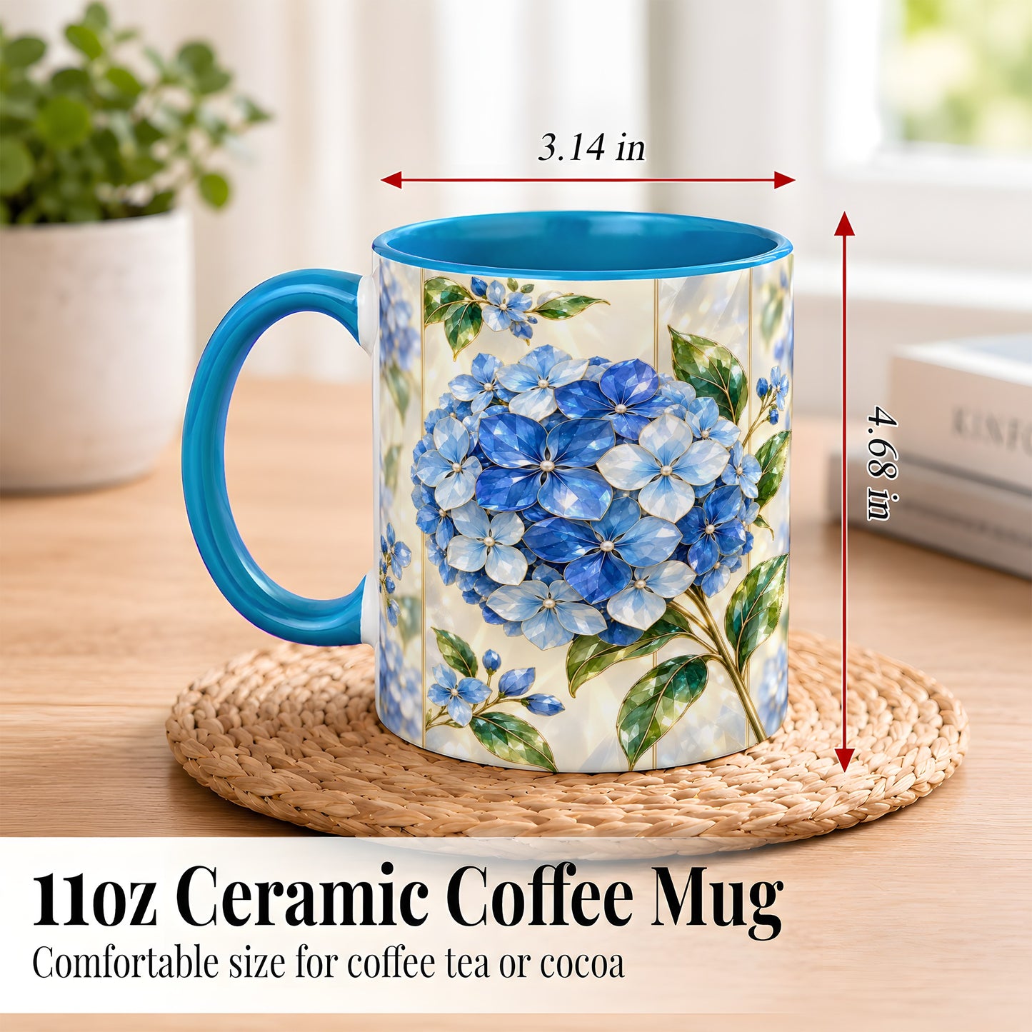 #pl[11oz|Blue] Faceted Blue Hydrangea Coffee Mug, Floral Art Mug, Ceramic Cup