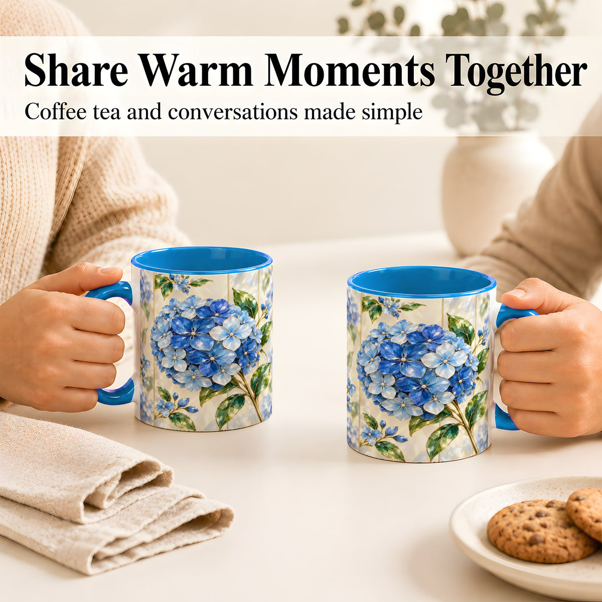 #pl[11oz|Blue] Faceted Blue Hydrangea Coffee Mug, Floral Art Mug, Ceramic Cup