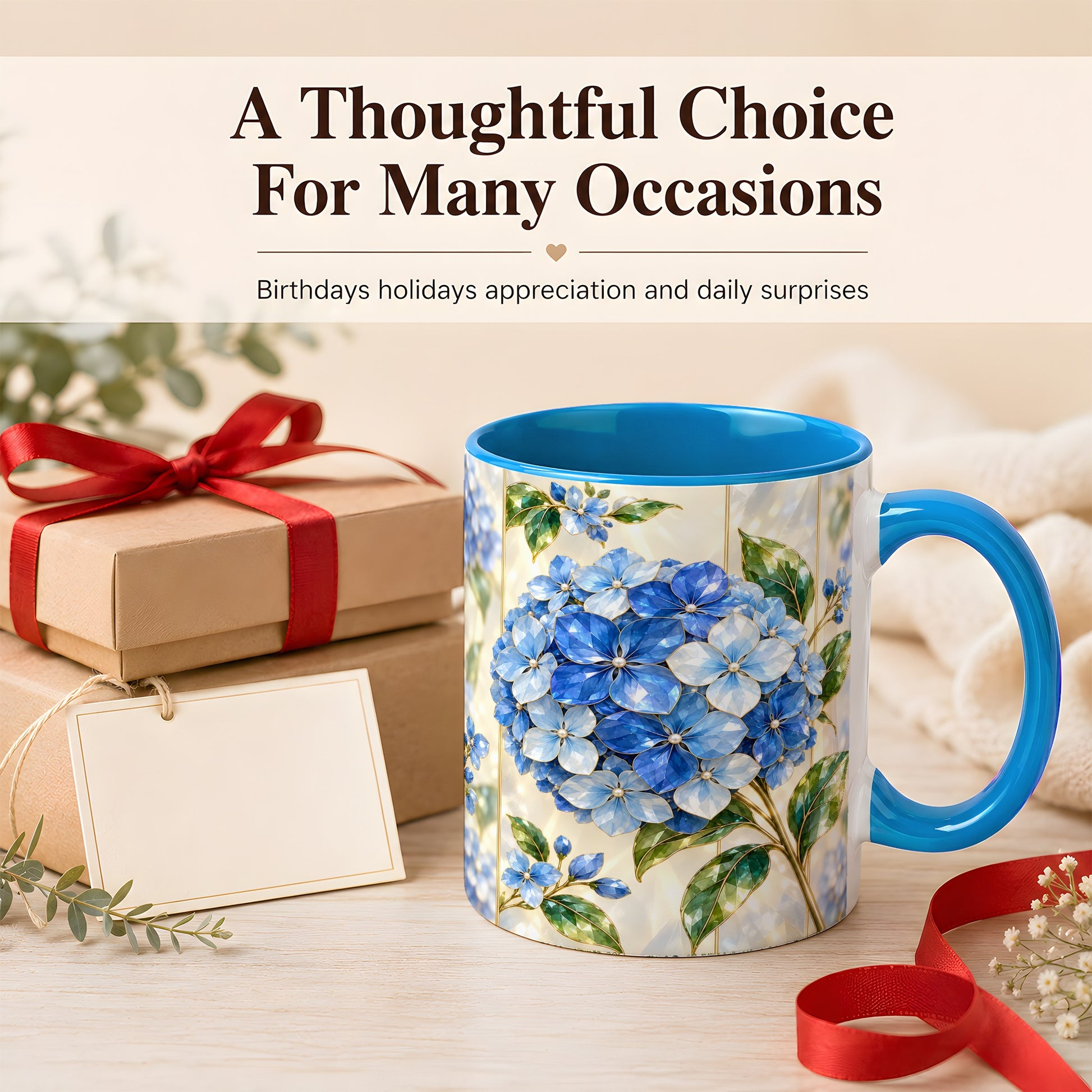 #pl[11oz|Blue] Faceted Blue Hydrangea Coffee Mug, Floral Art Mug, Ceramic Cup
