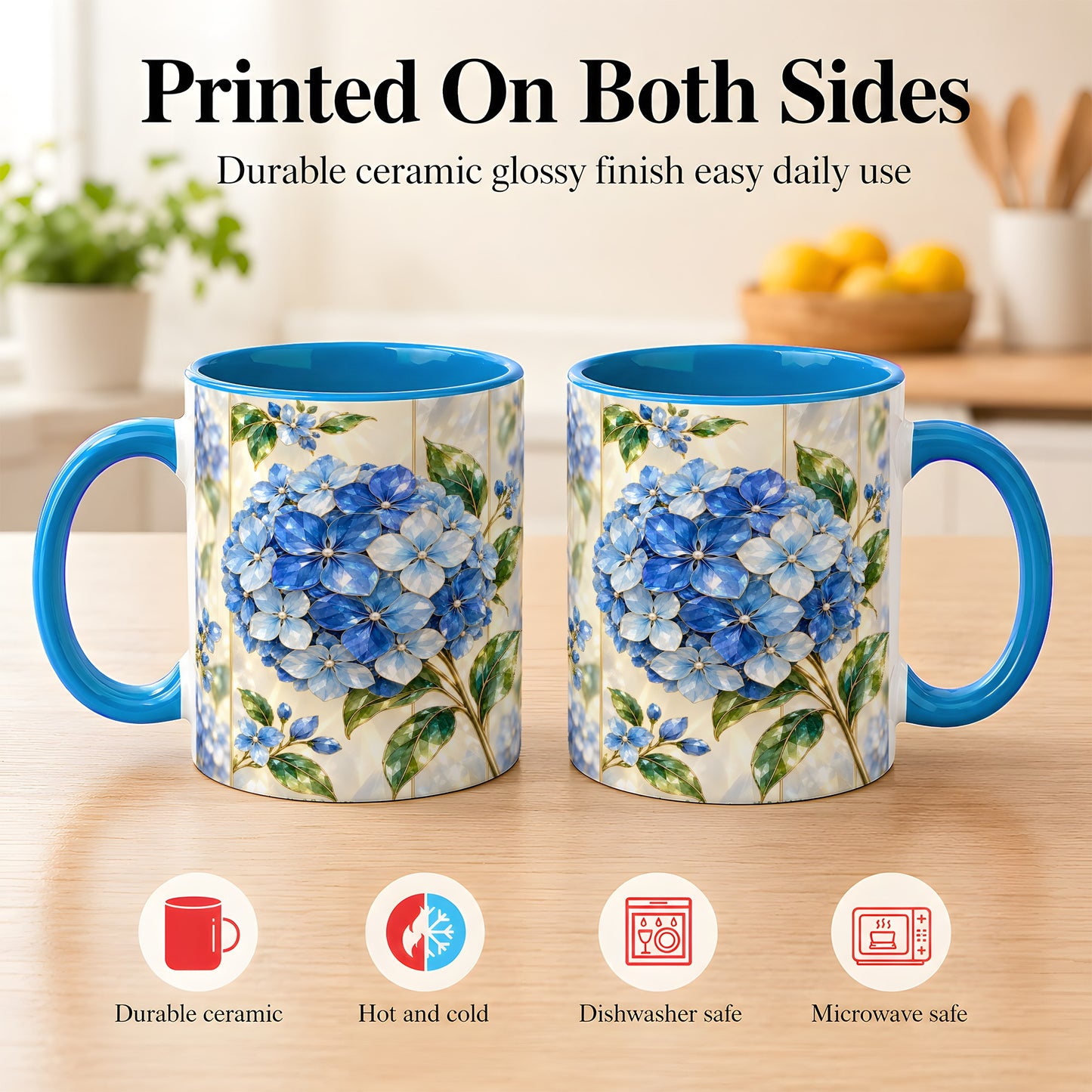 #pl[11oz|Blue] Faceted Blue Hydrangea Coffee Mug, Floral Art Mug, Ceramic Cup