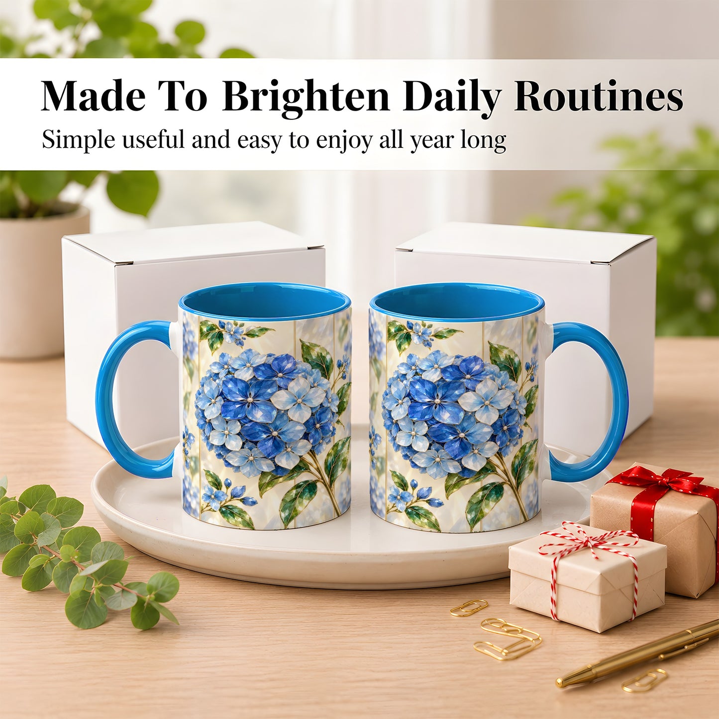 #pl[11oz|Blue] Faceted Blue Hydrangea Coffee Mug, Floral Art Mug, Ceramic Cup