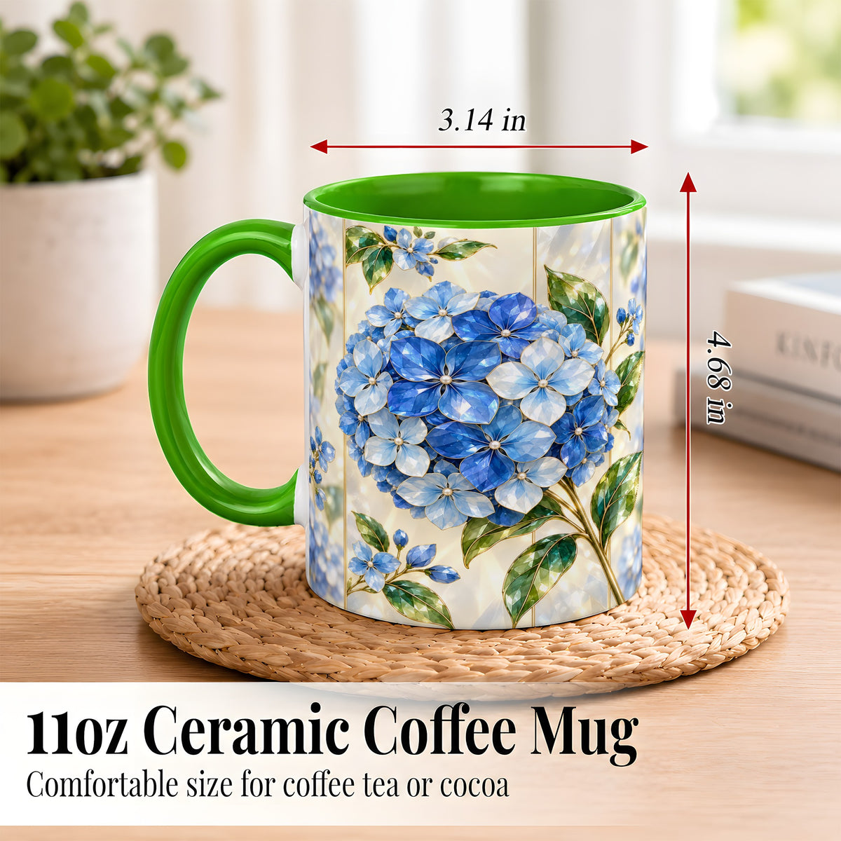 #pl[11oz|Green] Faceted Blue Hydrangea Coffee Mug, Floral Art Mug, Ceramic Cup