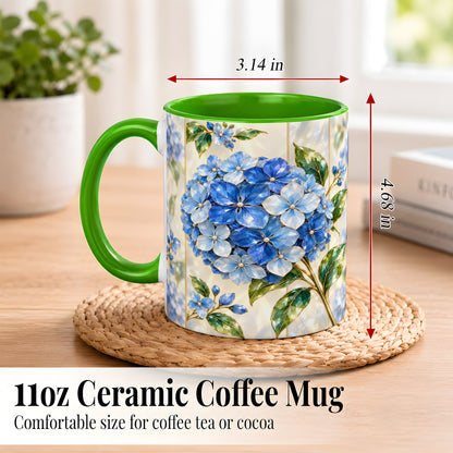 #pl[11oz|Green] Faceted Blue Hydrangea Coffee Mug, Floral Art Mug, Ceramic Cup