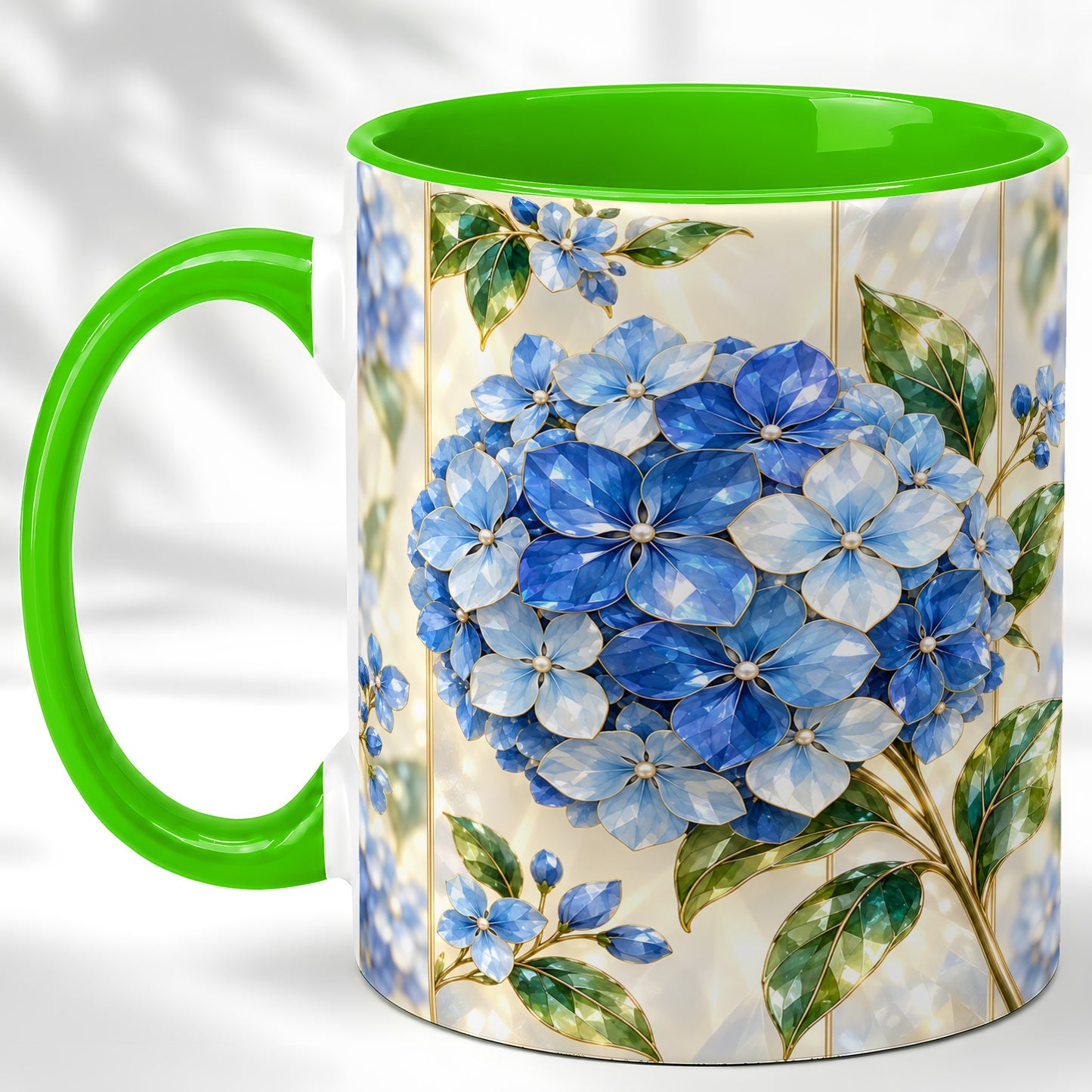 #pl[11oz|Green] Faceted Blue Hydrangea Coffee Mug, Floral Art Mug, Ceramic Cup