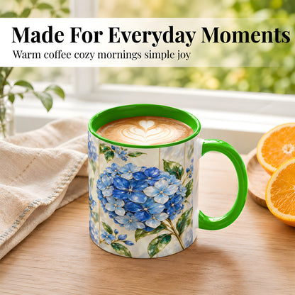 #pl[11oz|Green] Faceted Blue Hydrangea Coffee Mug, Floral Art Mug, Ceramic Cup