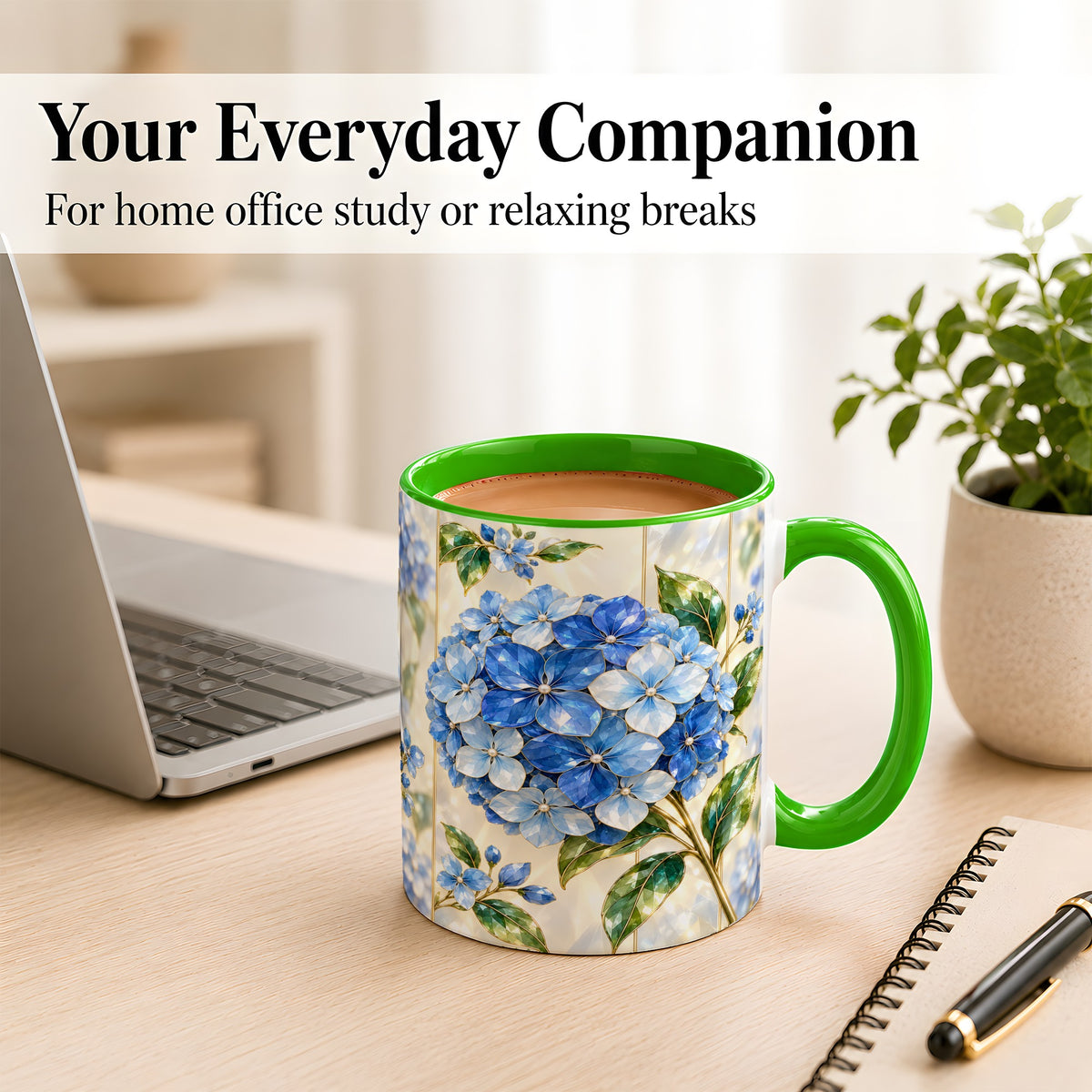 #pl[11oz|Green] Faceted Blue Hydrangea Coffee Mug, Floral Art Mug, Ceramic Cup