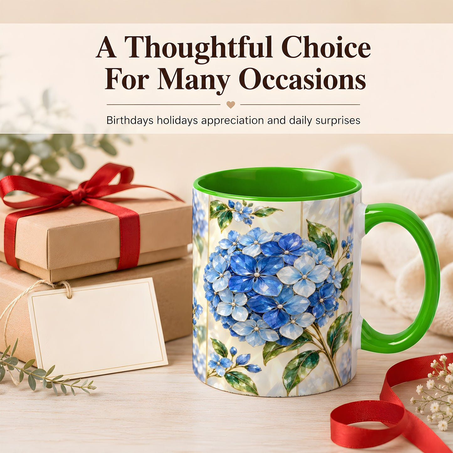 #pl[11oz|Green] Faceted Blue Hydrangea Coffee Mug, Floral Art Mug, Ceramic Cup