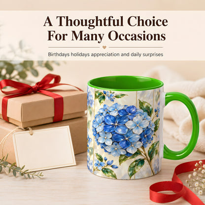#pl[11oz|Green] Faceted Blue Hydrangea Coffee Mug, Floral Art Mug, Ceramic Cup