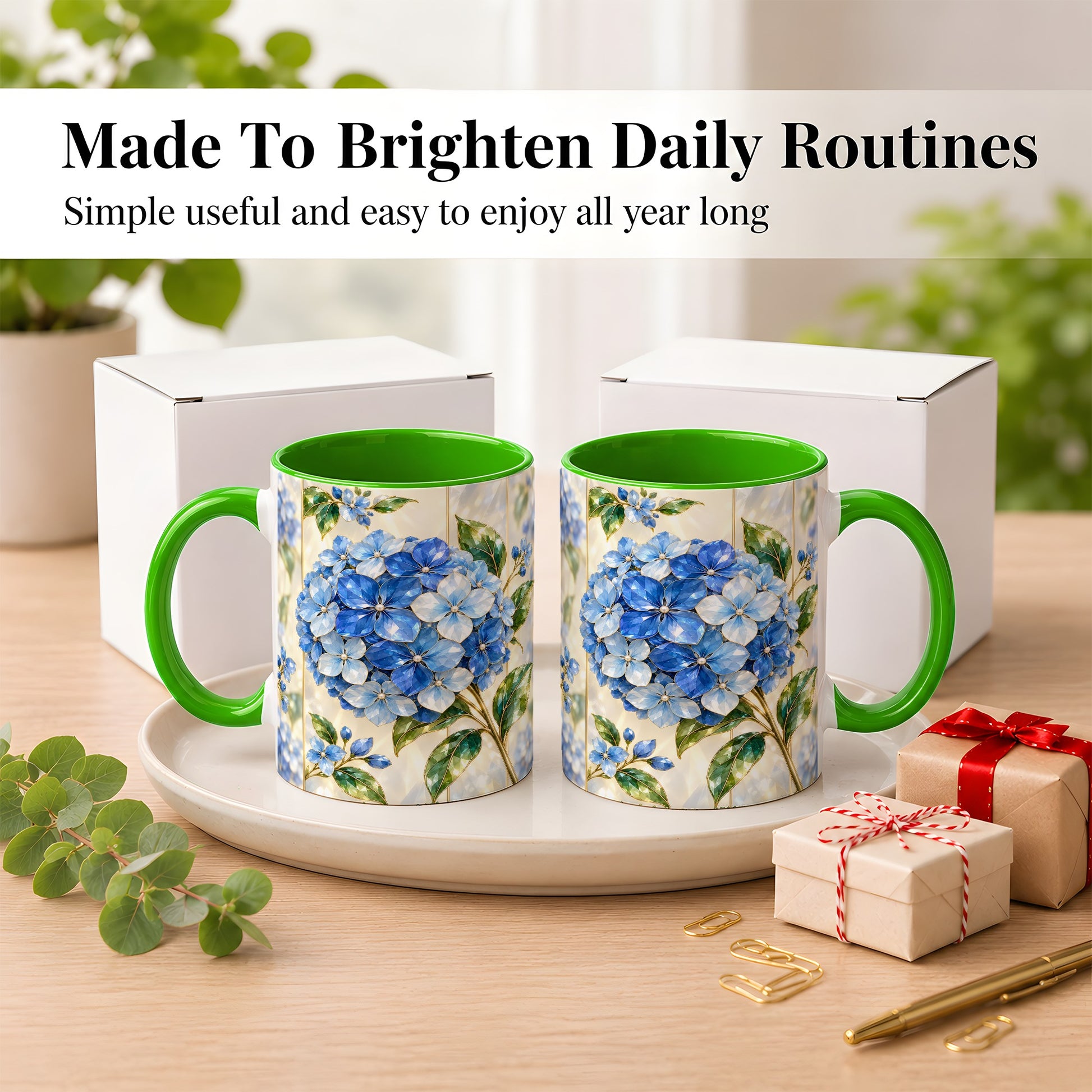 #pl[11oz|Green] Faceted Blue Hydrangea Coffee Mug, Floral Art Mug, Ceramic Cup
