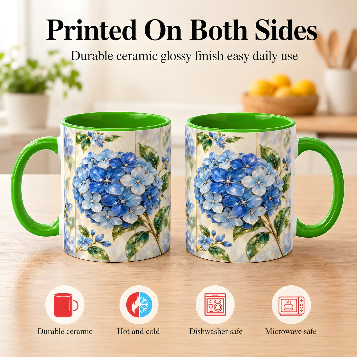 #pl[11oz|Green] Faceted Blue Hydrangea Coffee Mug, Floral Art Mug, Ceramic Cup