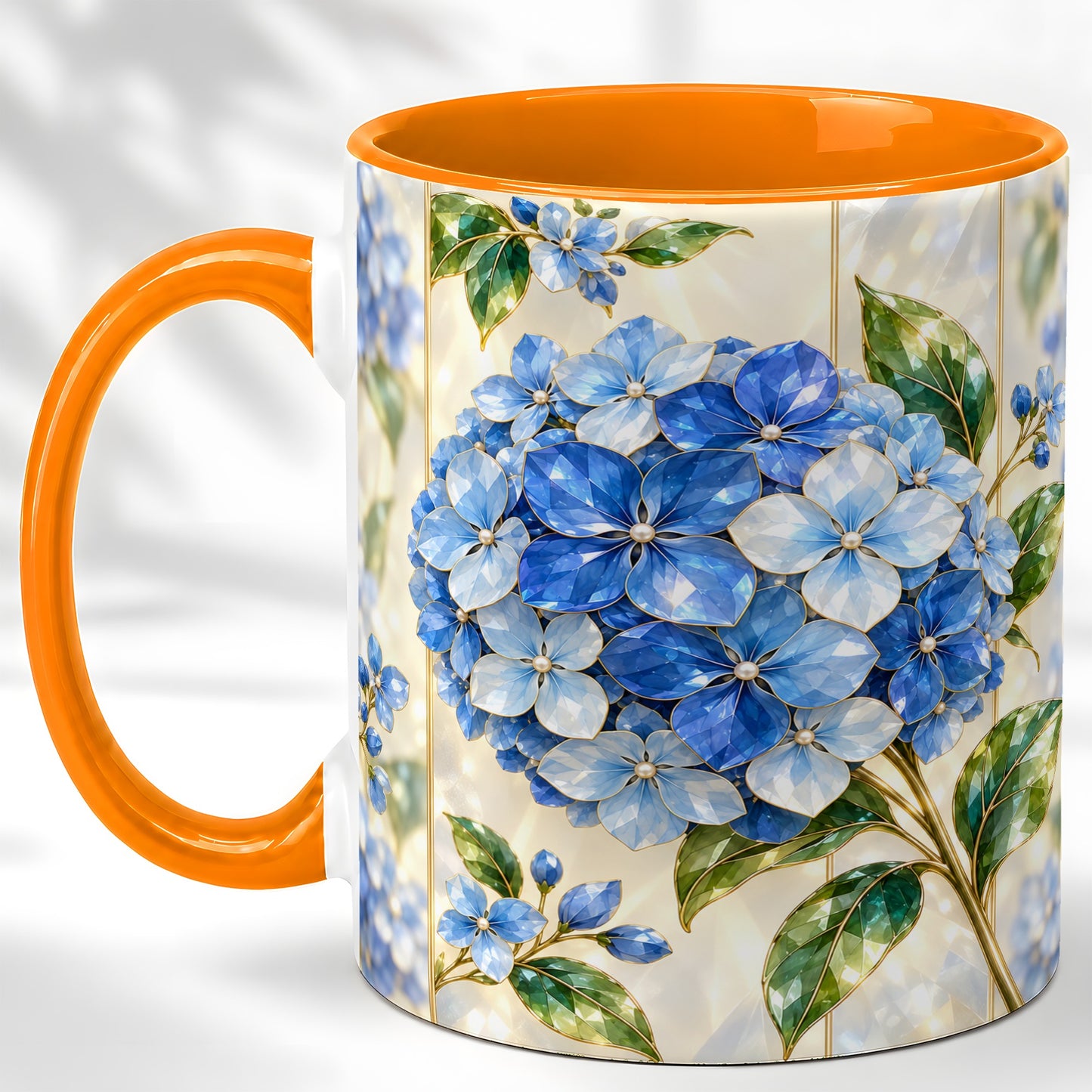 #pl[11oz|Orange] Faceted Blue Hydrangea Coffee Mug, Floral Art Mug, Ceramic Cup