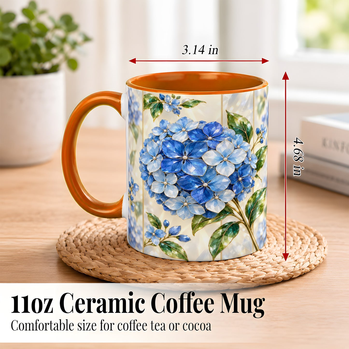 #pl[11oz|Orange] Faceted Blue Hydrangea Coffee Mug, Floral Art Mug, Ceramic Cup