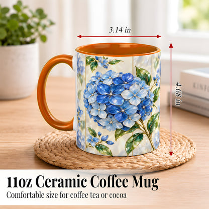 #pl[11oz|Orange] Faceted Blue Hydrangea Coffee Mug, Floral Art Mug, Ceramic Cup