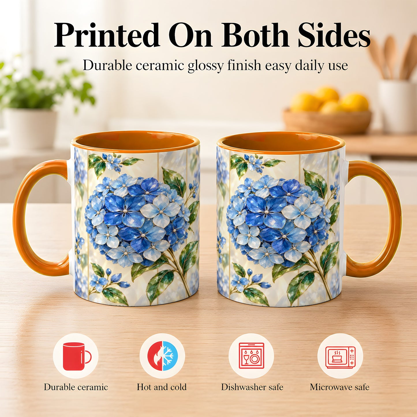 #pl[11oz|Orange] Faceted Blue Hydrangea Coffee Mug, Floral Art Mug, Ceramic Cup
