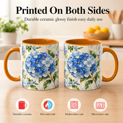#pl[11oz|Orange] Faceted Blue Hydrangea Coffee Mug, Floral Art Mug, Ceramic Cup