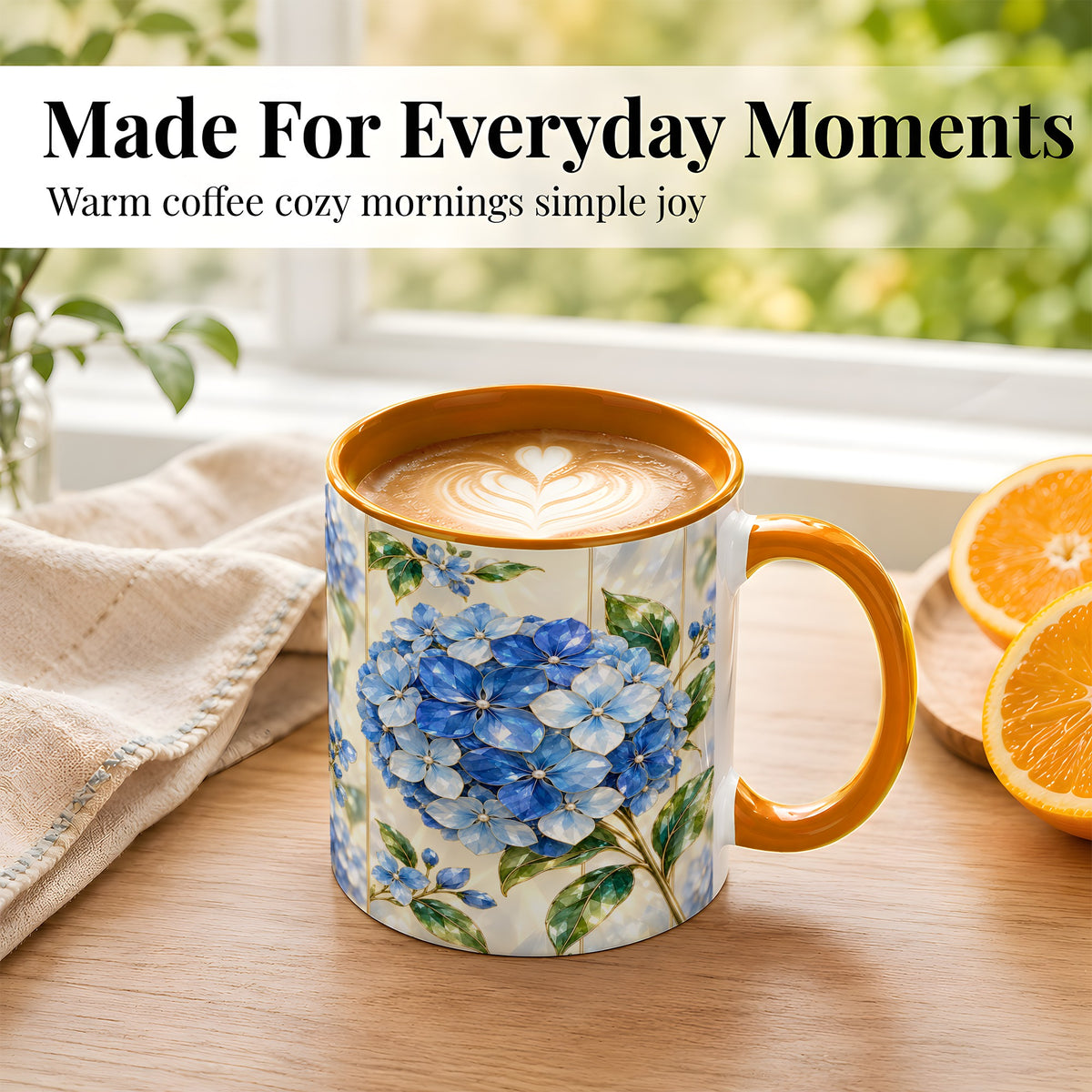#pl[11oz|Orange] Faceted Blue Hydrangea Coffee Mug, Floral Art Mug, Ceramic Cup