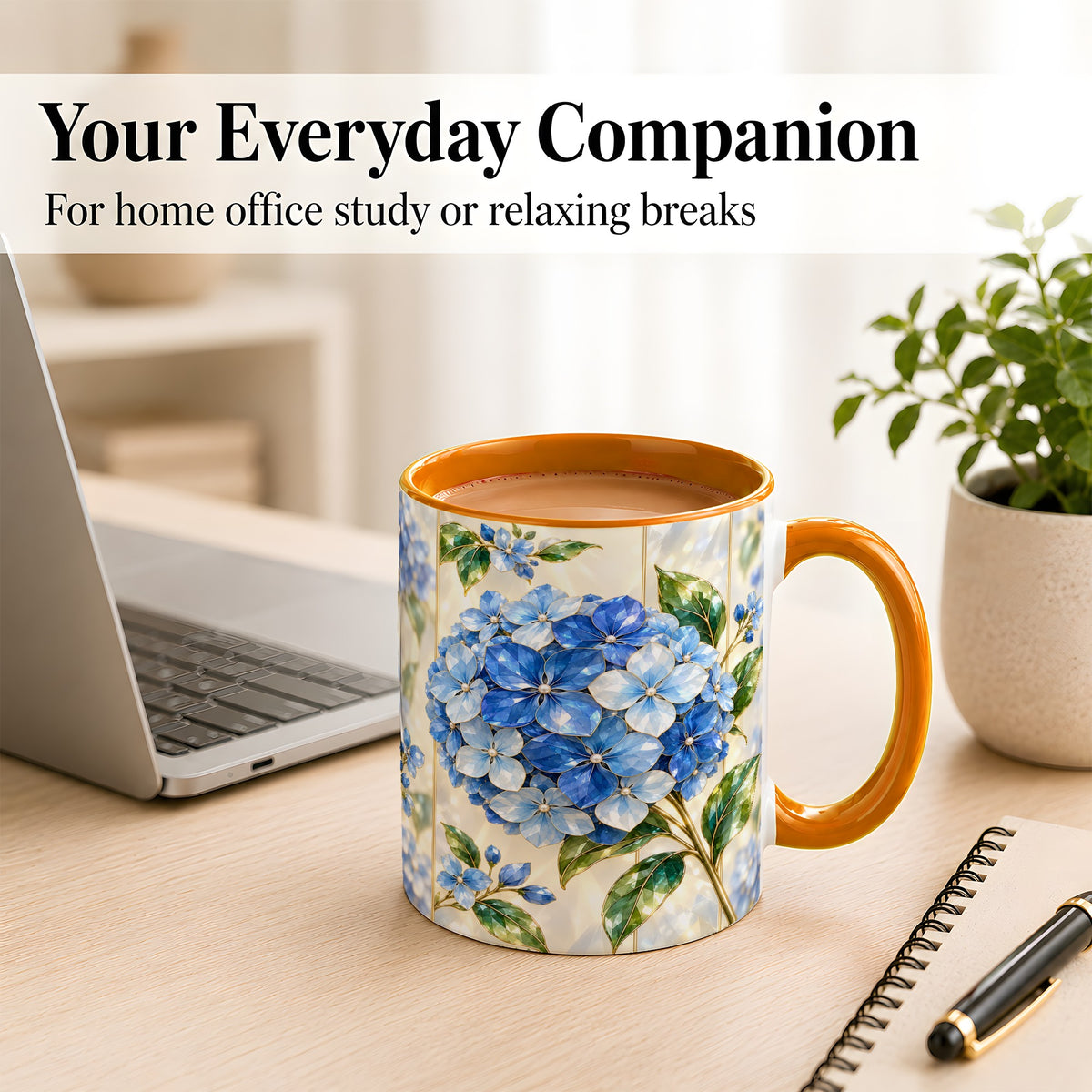 #pl[11oz|Orange] Faceted Blue Hydrangea Coffee Mug, Floral Art Mug, Ceramic Cup
