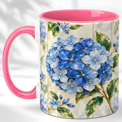 #pl[11oz|Pink] Faceted Blue Hydrangea Coffee Mug, Floral Art Mug, Ceramic Cup