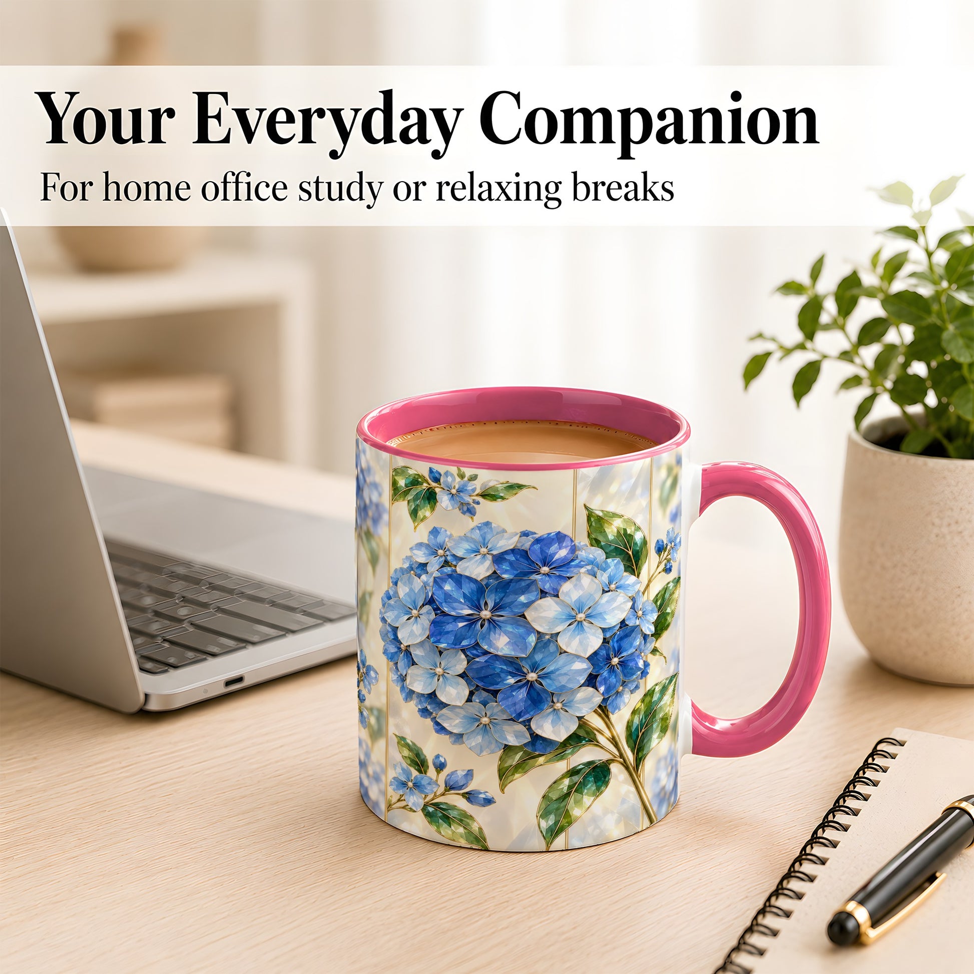 #pl[11oz|Pink] Faceted Blue Hydrangea Coffee Mug, Floral Art Mug, Ceramic Cup