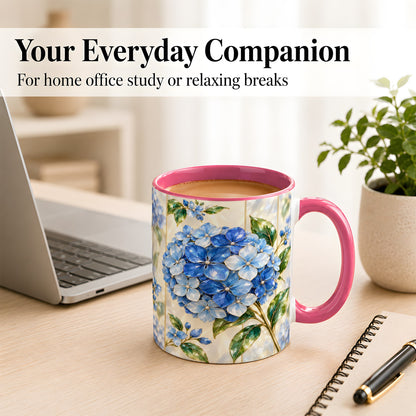 #pl[11oz|Pink] Faceted Blue Hydrangea Coffee Mug, Floral Art Mug, Ceramic Cup