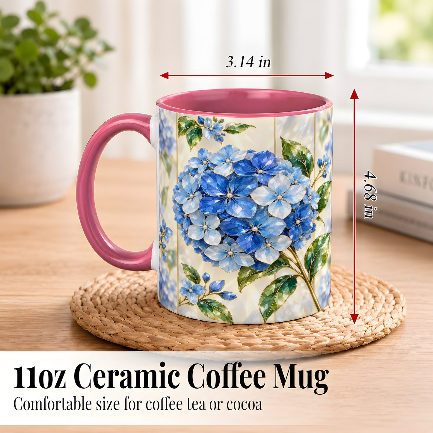 #pl[11oz|Pink] Faceted Blue Hydrangea Coffee Mug, Floral Art Mug, Ceramic Cup