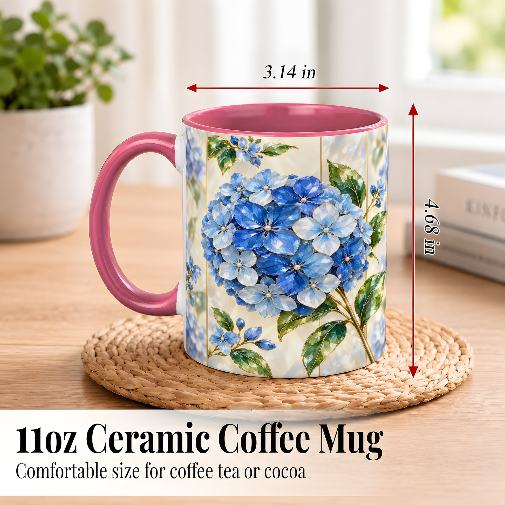 #pl[11oz|Pink] Faceted Blue Hydrangea Coffee Mug, Floral Art Mug, Ceramic Cup