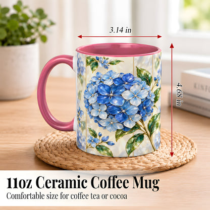 #pl[11oz|Pink] Faceted Blue Hydrangea Coffee Mug, Floral Art Mug, Ceramic Cup