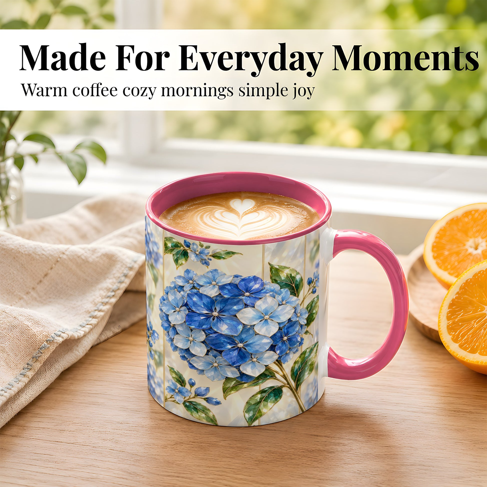 #pl[11oz|Pink] Faceted Blue Hydrangea Coffee Mug, Floral Art Mug, Ceramic Cup