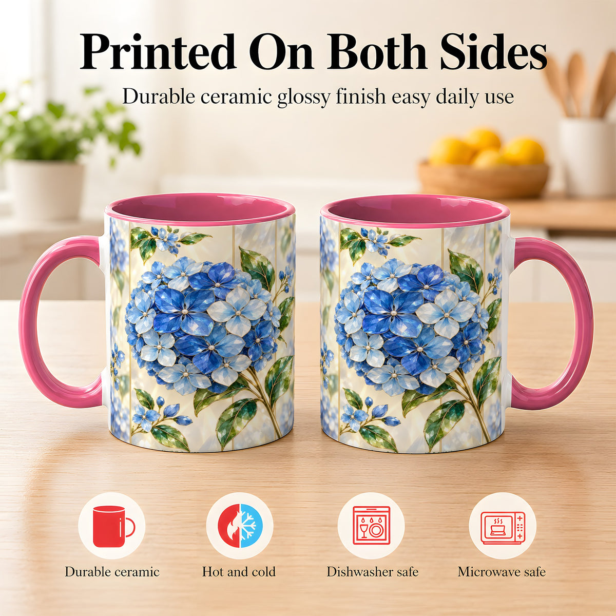 #pl[11oz|Pink] Faceted Blue Hydrangea Coffee Mug, Floral Art Mug, Ceramic Cup