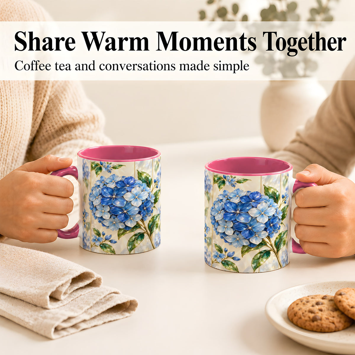 #pl[11oz|Pink] Faceted Blue Hydrangea Coffee Mug, Floral Art Mug, Ceramic Cup