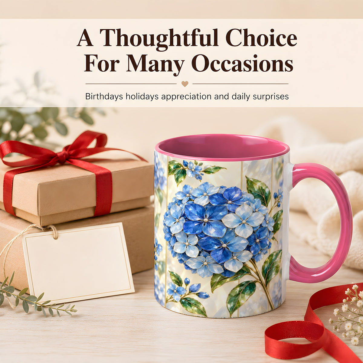 #pl[11oz|Pink] Faceted Blue Hydrangea Coffee Mug, Floral Art Mug, Ceramic Cup