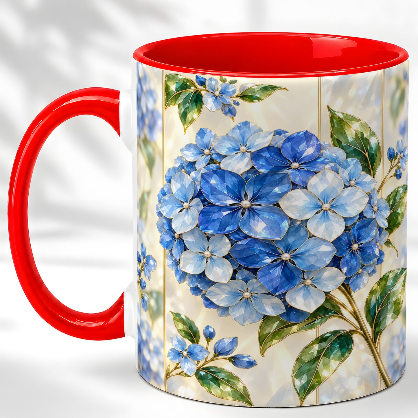 Faceted Blue Hydrangea Coffee Mug, Floral Art Mug, Ceramic Cup