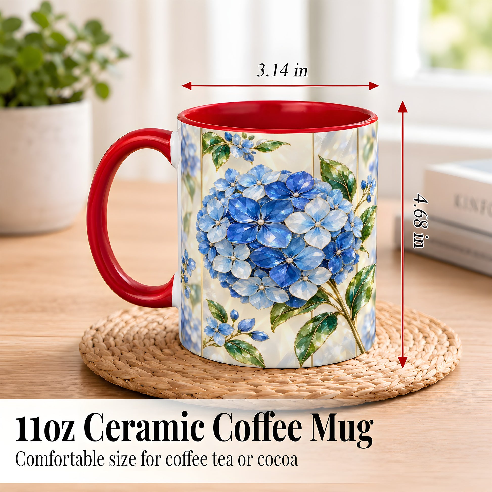 #pl[11oz|Red] Faceted Blue Hydrangea Coffee Mug, Floral Art Mug, Ceramic Cup
