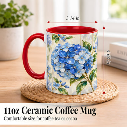 #pl[11oz|Red] Faceted Blue Hydrangea Coffee Mug, Floral Art Mug, Ceramic Cup