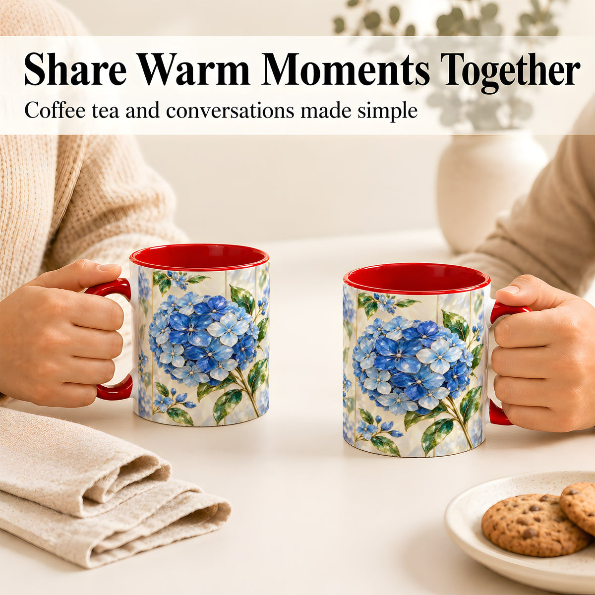 #pl[11oz|Red] Faceted Blue Hydrangea Coffee Mug, Floral Art Mug, Ceramic Cup