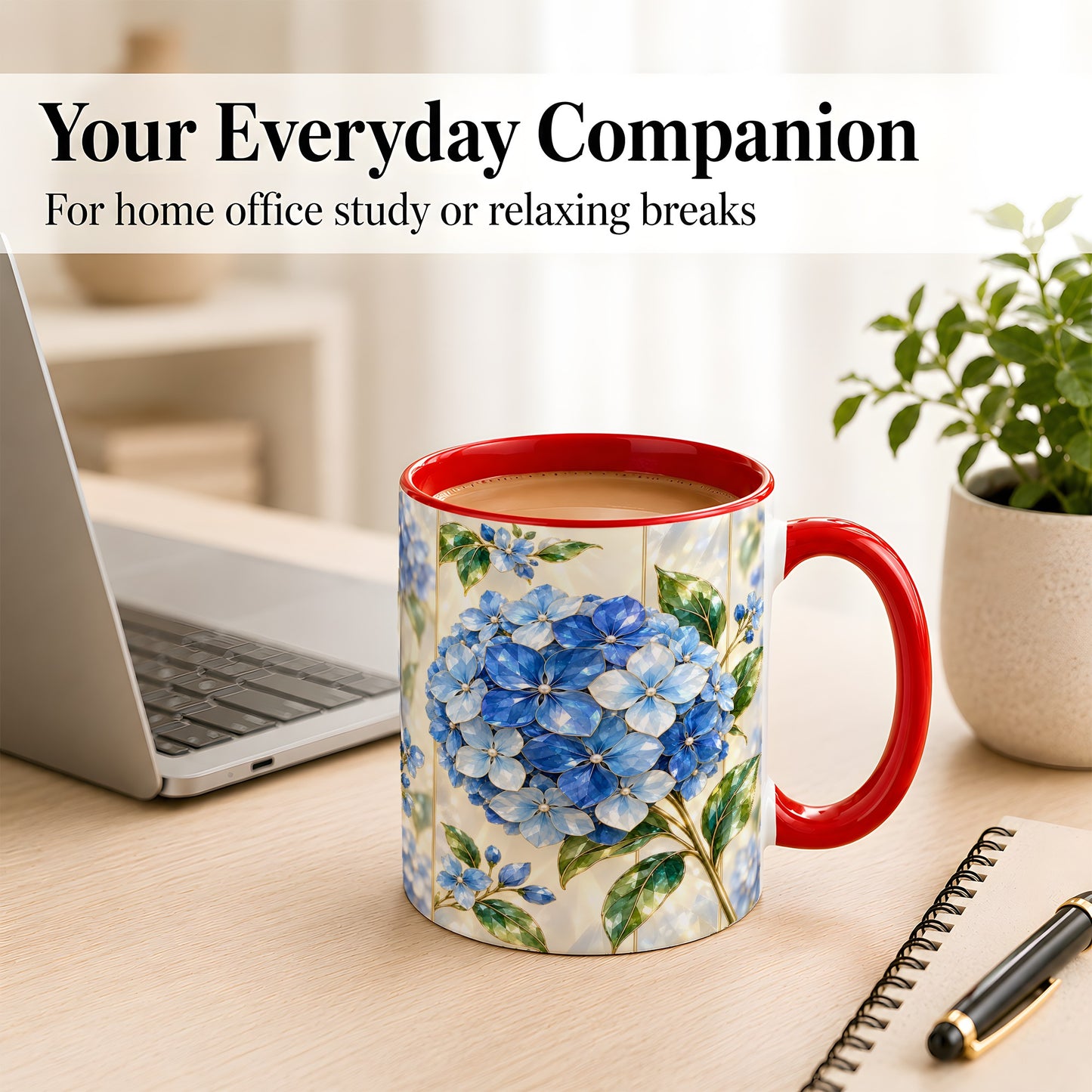 #pl[11oz|Red] Faceted Blue Hydrangea Coffee Mug, Floral Art Mug, Ceramic Cup