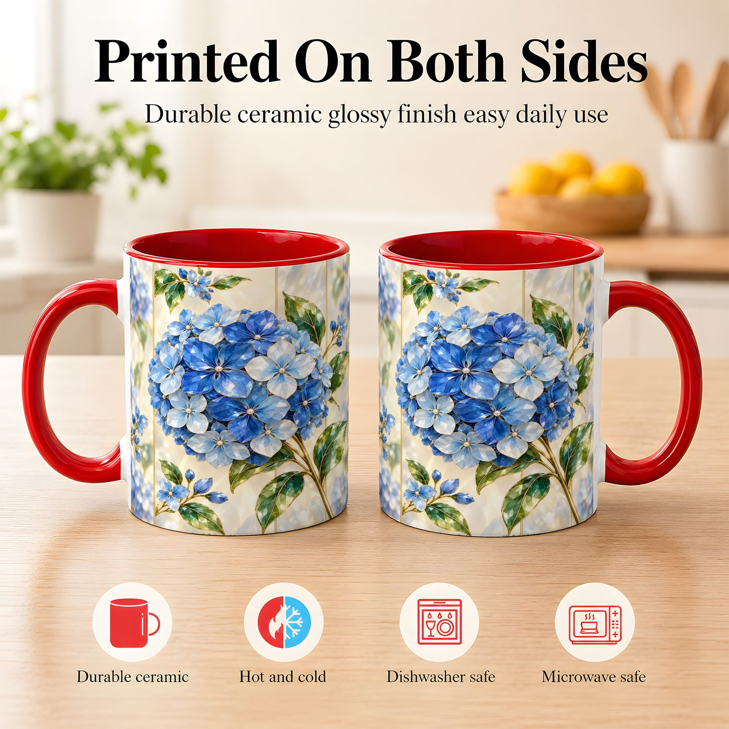 #pl[11oz|Red] Faceted Blue Hydrangea Coffee Mug, Floral Art Mug, Ceramic Cup