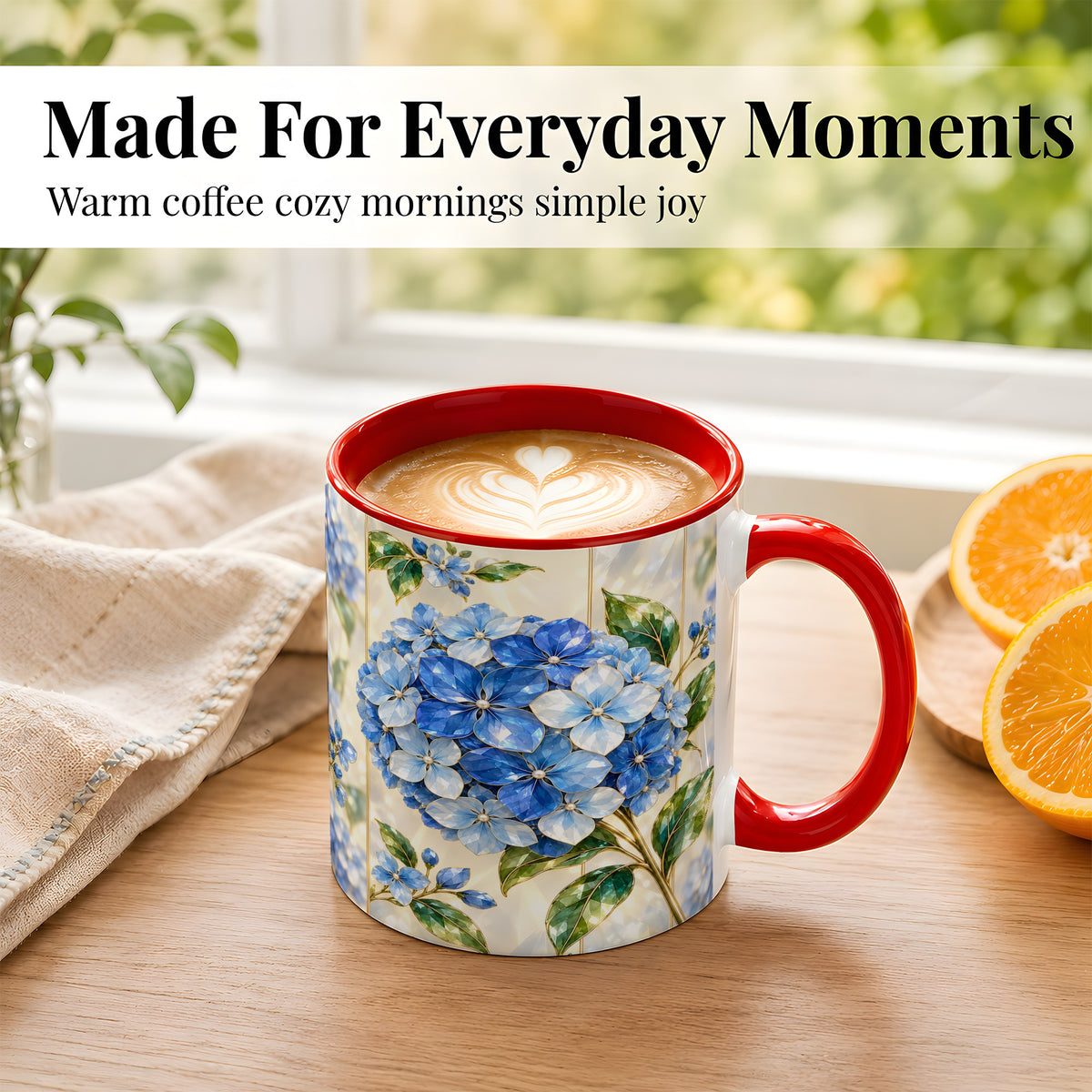 #pl[11oz|Red] Faceted Blue Hydrangea Coffee Mug, Floral Art Mug, Ceramic Cup